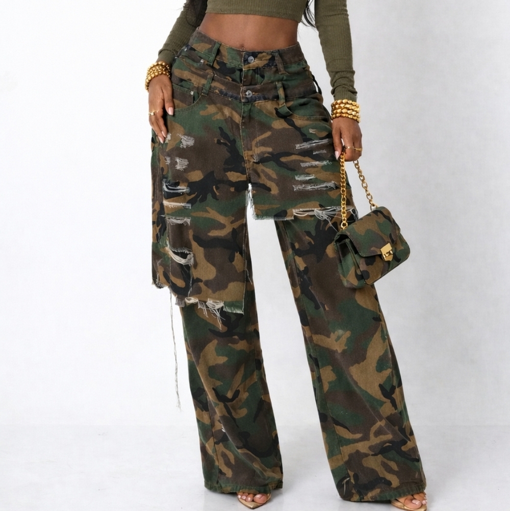 Camo Distressed Double Layered Wide-Leg Jeans
